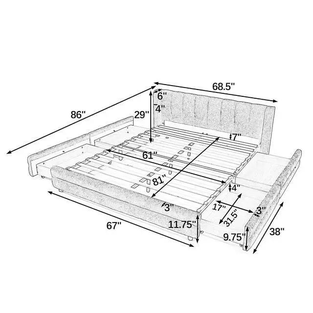 Alt view image 2 of 7 - Queen Size Platform Bed with 4 Drawers, Chenille Upholstered Queen Bedframe with Storage, Comfy Double Bed with Wingback Headboard, Cushioned Bedroom Furniture, No Box Spring Needed, Blue+Green