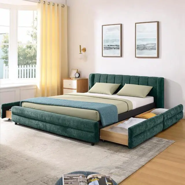 Alt view image 3 of 7 - Queen Size Platform Bed with 4 Drawers, Chenille Upholstered Queen Bedframe with Storage, Comfy Double Bed with Wingback Headboard, Cushioned Bedroom Furniture, No Box Spring Needed, Blue+Green
