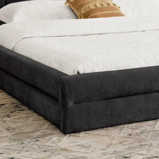 Alt view image 6 of 7 - King Size Floor Bed with Low Headboard, Chenille Upholstered Bedframe with, Low Profile Luxury Cloud Bed with Solid Wooden Slats, No Box Spring Needed, Cushioned Bedroom Furniture, Dark Gray