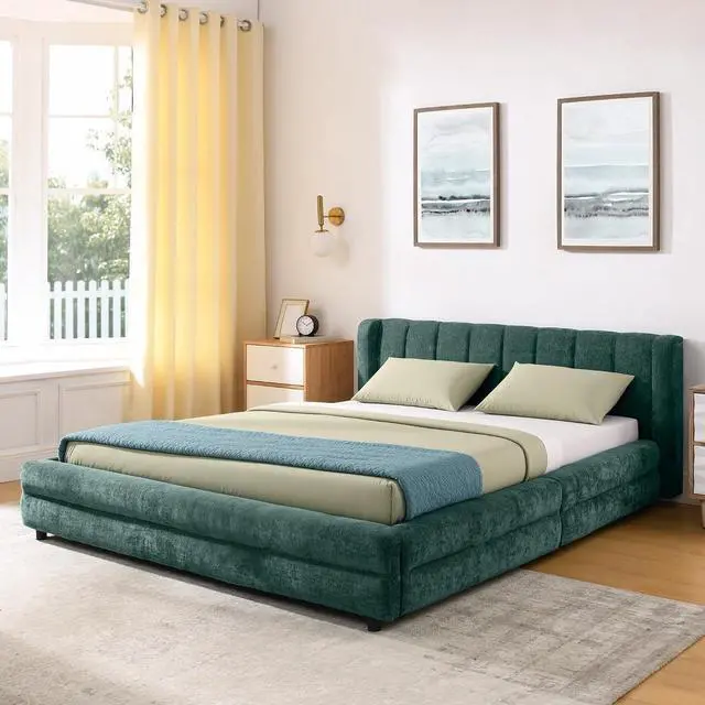 Alt view image 4 of 7 - Queen Size Platform Bed with 4 Drawers, Chenille Upholstered Queen Bedframe with Storage, Comfy Double Bed with Wingback Headboard, Cushioned Bedroom Furniture, No Box Spring Needed, Blue+Green
