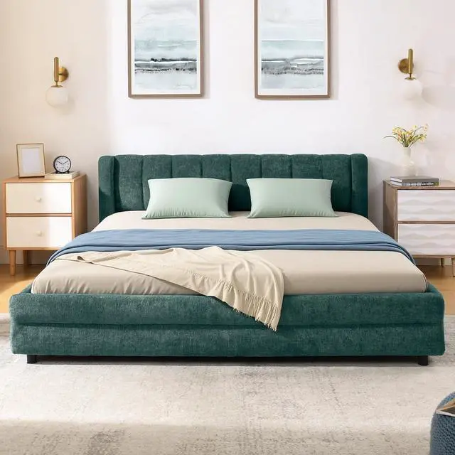Alt view image 5 of 7 - Queen Size Platform Bed with 4 Drawers, Chenille Upholstered Queen Bedframe with Storage, Comfy Double Bed with Wingback Headboard, Cushioned Bedroom Furniture, No Box Spring Needed, Blue+Green