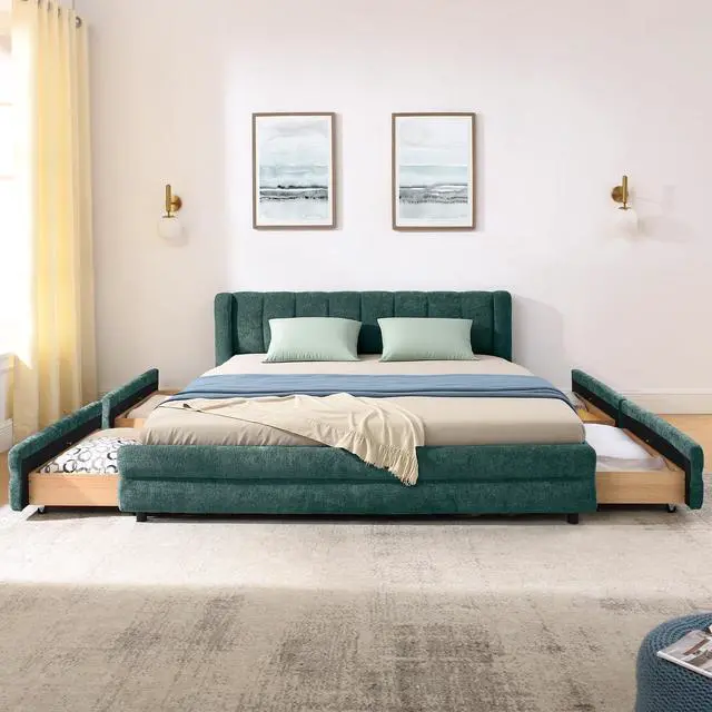 Alt view image 6 of 7 - Queen Size Platform Bed with 4 Drawers, Chenille Upholstered Queen Bedframe with Storage, Comfy Double Bed with Wingback Headboard, Cushioned Bedroom Furniture, No Box Spring Needed, Blue+Green