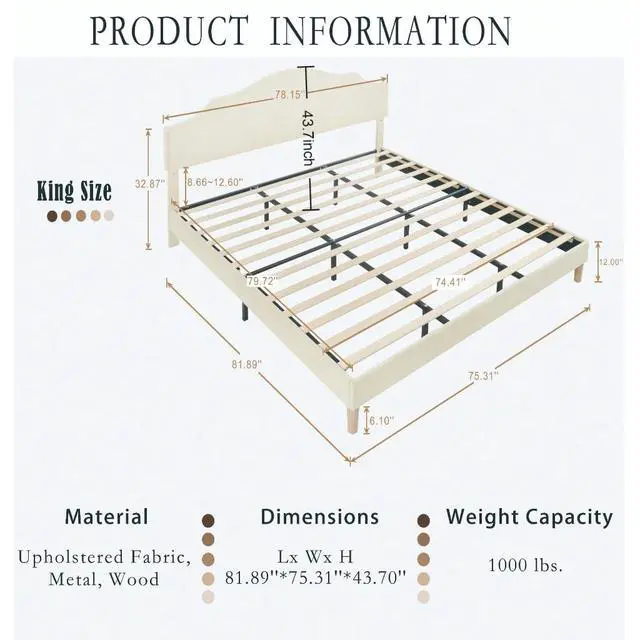 Alt view image 2 of 3 - King Linen Upholstered Bed with Height Adjustable Headboard, Modern Platform Double Bed with Solid Wooden Legs, No Box Spring Needed, Solid Wooden Slats, Easy Assembly, Beige