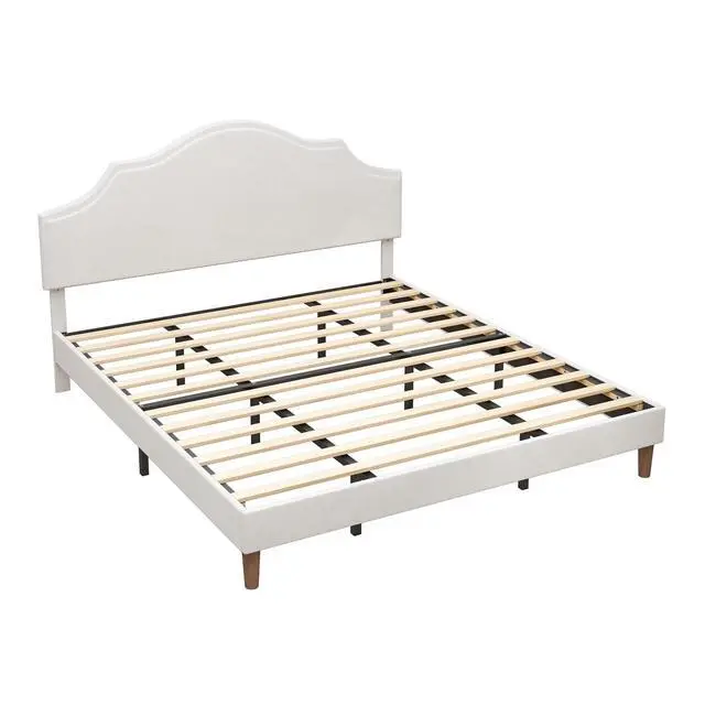Alt view image 7 of 7 - King Linen Upholstered Bed with Height Adjustable Headboard, Modern Platform Double Bed with Solid Wooden Legs, No Box Spring Needed, Solid Wooden Slats, Easy Assembly, White