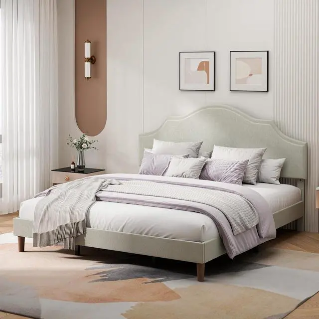 Main image of King Linen Upholstered Bed with Height Adjustable Headboard, Modern Platform Double Bed with Solid Wooden Legs, No Box Spring Needed, Solid Wooden Slats, Easy Assembly, Beige