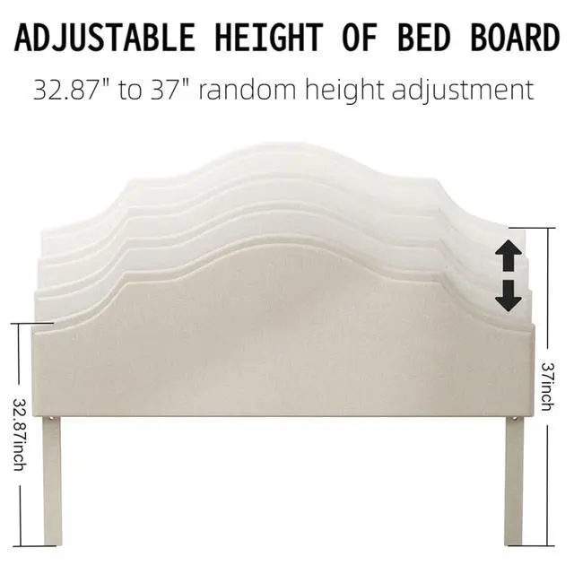Alt view image 3 of 3 - King Linen Upholstered Bed with Height Adjustable Headboard, Modern Platform Double Bed with Solid Wooden Legs, No Box Spring Needed, Solid Wooden Slats, Easy Assembly, Beige