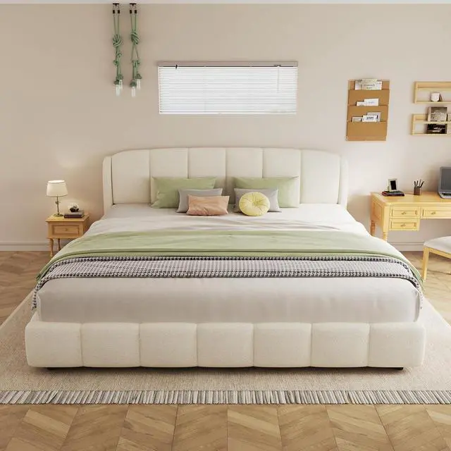 Alt view image 3 of 7 - King Size Platform Soft Bed, Boucle Upholstered Double Bed with Curve-Shaped Design Headboard, Solid Wood Slat, Easy Assembly, Noise-Free, Cushioned Bedroom Furniture, Beige
