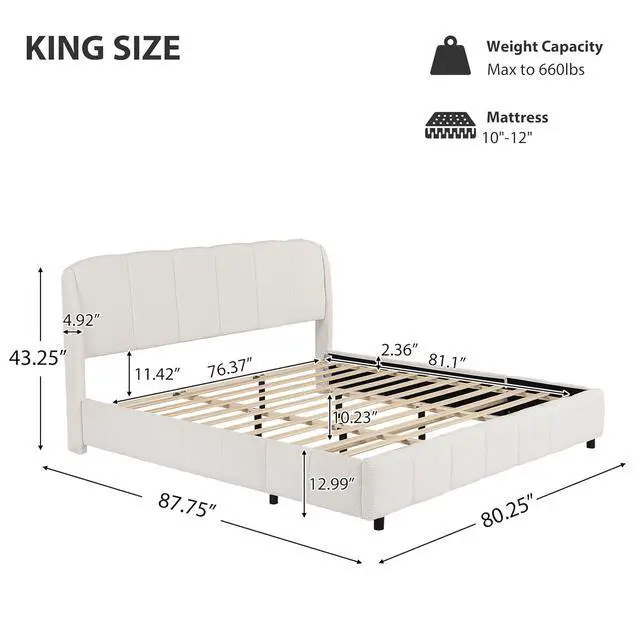 Alt view image 2 of 7 - King Size Platform Soft Bed, Boucle Upholstered Double Bed with Curve-Shaped Design Headboard, Solid Wood Slat, Easy Assembly, Noise-Free, Cushioned Bedroom Furniture, Beige