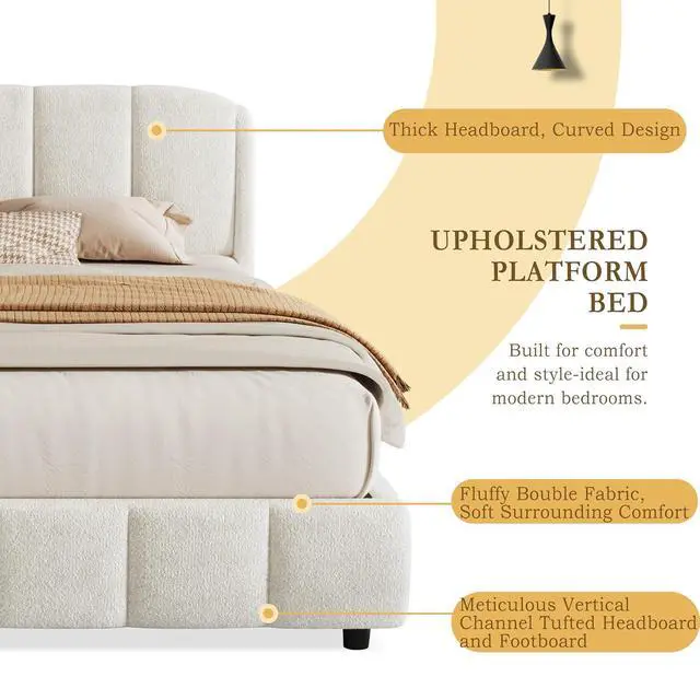 Alt view image 5 of 7 - King Size Platform Soft Bed, Boucle Upholstered Double Bed with Curve-Shaped Design Headboard, Solid Wood Slat, Easy Assembly, Noise-Free, Cushioned Bedroom Furniture, Beige