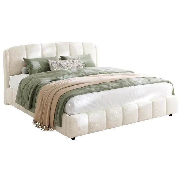 Alt view image 6 of 7 - King Size Platform Soft Bed, Boucle Upholstered Double Bed with Curve-Shaped Design Headboard, Solid Wood Slat, Easy Assembly, Noise-Free, Cushioned Bedroom Furniture, Beige