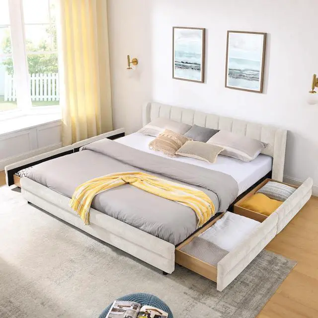 Main image of King Size Platform Bed with 4 Drawers, Chenille Upholstered King Bedframe with Storage, Comfy Double Bed with Wingback Headboard, Cushioned Bedroom Furniture, No Box Spring Needed, Beige