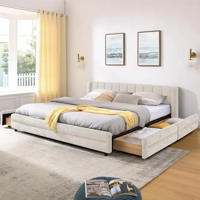 Alt view image 3 of 7 - King Size Platform Bed with 4 Drawers, Chenille Upholstered King Bedframe with Storage, Comfy Double Bed with Wingback Headboard, Cushioned Bedroom Furniture, No Box Spring Needed, Beige
