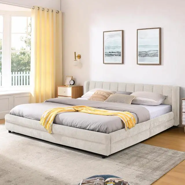 Alt view image 4 of 7 - King Size Platform Bed with 4 Drawers, Chenille Upholstered King Bedframe with Storage, Comfy Double Bed with Wingback Headboard, Cushioned Bedroom Furniture, No Box Spring Needed, Beige