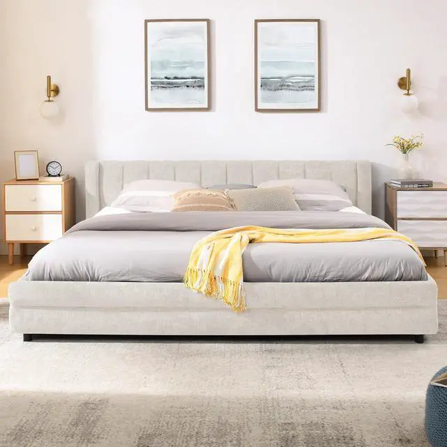 Alt view image 5 of 7 - King Size Platform Bed with 4 Drawers, Chenille Upholstered King Bedframe with Storage, Comfy Double Bed with Wingback Headboard, Cushioned Bedroom Furniture, No Box Spring Needed, Beige