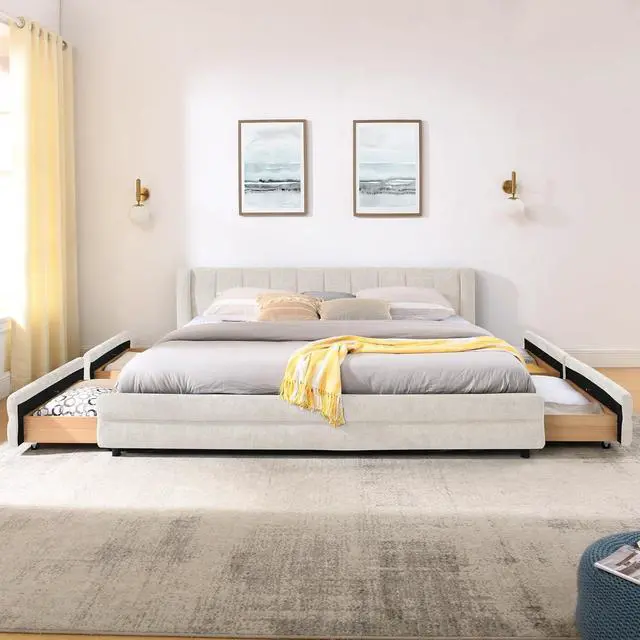 Alt view image 6 of 7 - King Size Platform Bed with 4 Drawers, Chenille Upholstered King Bedframe with Storage, Comfy Double Bed with Wingback Headboard, Cushioned Bedroom Furniture, No Box Spring Needed, Beige