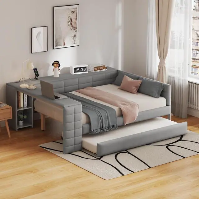 Main image of Full Size Upholstered Day Bed with Trundle, Upholstered Daybed with Storage Shelves, Desk, Corner Bed Frame with Charging Station for Adults and Kids Bedroom, Gray