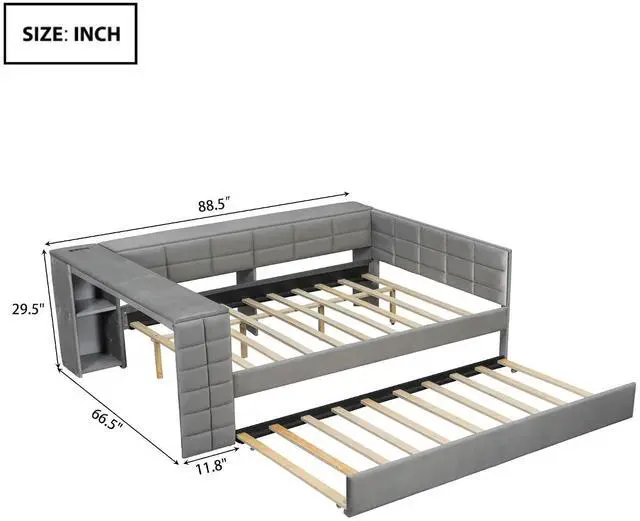 Alt view image 2 of 7 - Full Size Upholstered Day Bed with Trundle, Upholstered Daybed with Storage Shelves, Desk, Corner Bed Frame with Charging Station for Adults and Kids Bedroom, Gray