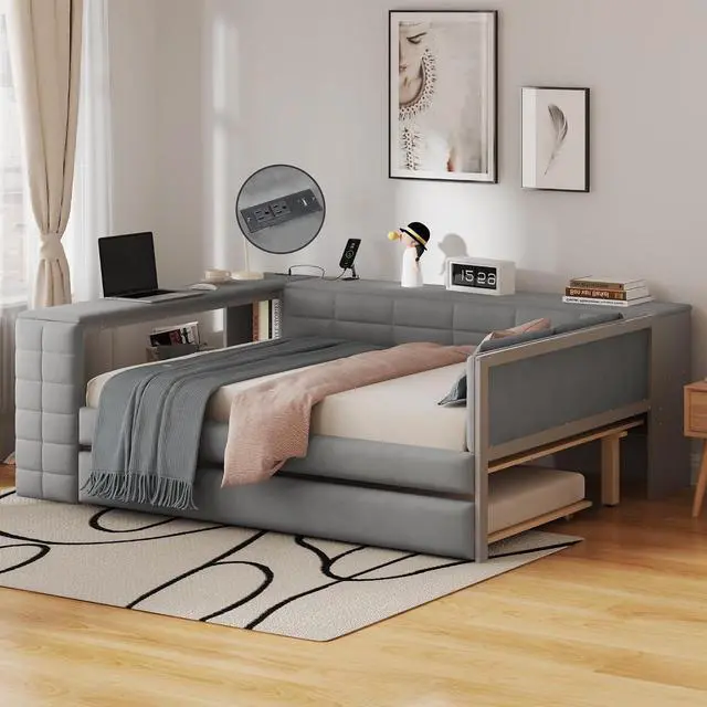 Alt view image 3 of 7 - Full Size Upholstered Day Bed with Trundle, Upholstered Daybed with Storage Shelves, Desk, Corner Bed Frame with Charging Station for Adults and Kids Bedroom, Gray