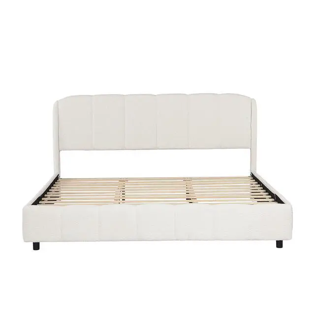 Alt view image 7 of 7 - King Size Platform Soft Bed, Boucle Upholstered Double Bed with Curve-Shaped Design Headboard, Solid Wood Slat, Easy Assembly, Noise-Free, Cushioned Bedroom Furniture, Beige