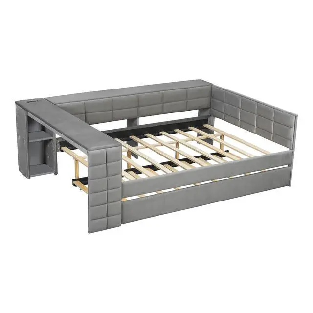 Alt view image 5 of 7 - Full Size Upholstered Day Bed with Trundle, Upholstered Daybed with Storage Shelves, Desk, Corner Bed Frame with Charging Station for Adults and Kids Bedroom, Gray