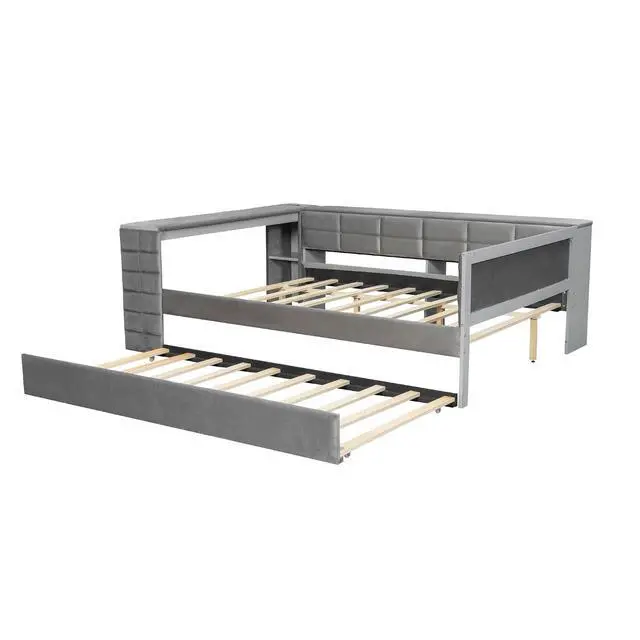 Alt view image 6 of 7 - Full Size Upholstered Day Bed with Trundle, Upholstered Daybed with Storage Shelves, Desk, Corner Bed Frame with Charging Station for Adults and Kids Bedroom, Gray