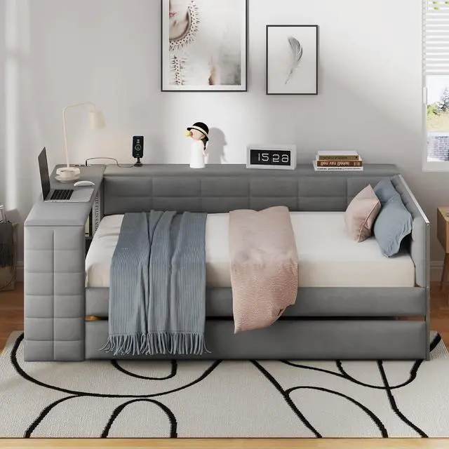 Alt view image 4 of 7 - Full Size Upholstered Day Bed with Trundle, Upholstered Daybed with Storage Shelves, Desk, Corner Bed Frame with Charging Station for Adults and Kids Bedroom, Gray