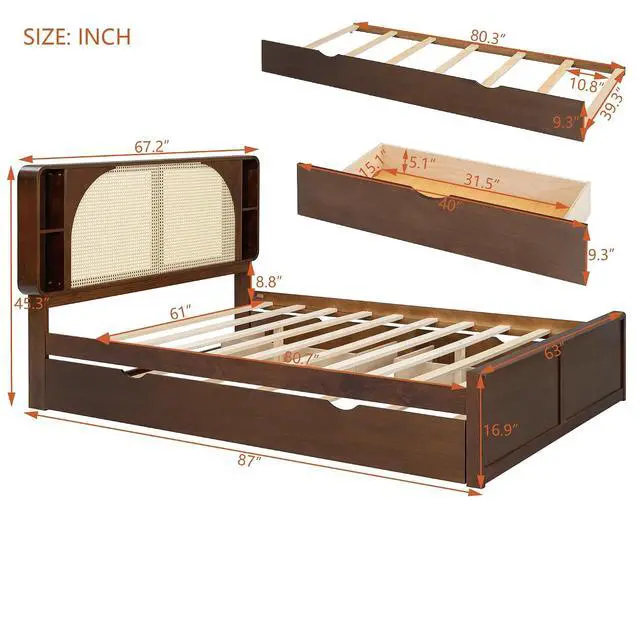 Alt view image 2 of 7 - Wooden Queen Bed Frame with 2 Storage Drawers and Twin Trundle, Wood Platform Bed with Rattan Headboard and Storage Shelves, No Box Spring Needed, Noise Free, White