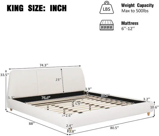 Alt view image 2 of 7 - Linen Upholstered Bed Frame King Size, Soft Platform Double Bed Frame with Tufted Headboard, Solid Wood Legs, Noise-Free, Cushioned Bedroom Furniture, White
