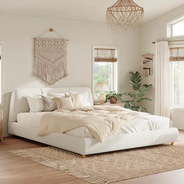 Main image of Linen Upholstered Bed Frame King Size, Soft Platform Double Bed Frame with Tufted Headboard, Solid Wood Legs, Noise-Free, Cushioned Bedroom Furniture, White