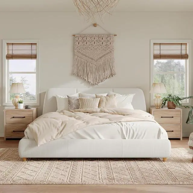 Alt view image 3 of 7 - Linen Upholstered Bed Frame King Size, Soft Platform Double Bed Frame with Tufted Headboard, Solid Wood Legs, Noise-Free, Cushioned Bedroom Furniture, White