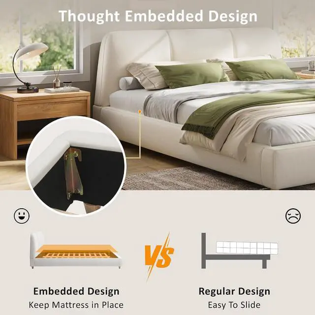 Alt view image 6 of 7 - Linen Upholstered Bed Frame King Size, Soft Platform Double Bed Frame with Tufted Headboard, Solid Wood Legs, Noise-Free, Cushioned Bedroom Furniture, White