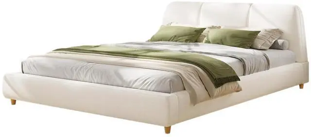 Alt view image 7 of 7 - Linen Upholstered Bed Frame King Size, Soft Platform Double Bed Frame with Tufted Headboard, Solid Wood Legs, Noise-Free, Cushioned Bedroom Furniture, White