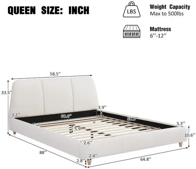 Alt view image 2 of 7 - Linen Upholstered Bed Frame Queen Size, Soft Platform Double Bed Frame with Tufted Headboard, Solid Wood Legs, Noise-Free, Cushioned Bedroom Furniture, White