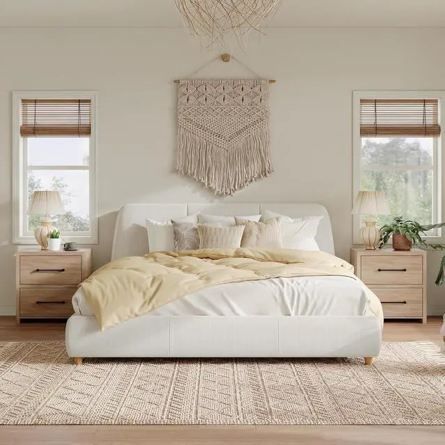 Main image of Linen Upholstered Bed Frame Queen Size, Soft Platform Double Bed Frame with Tufted Headboard, Solid Wood Legs, Noise-Free, Cushioned Bedroom Furniture, White