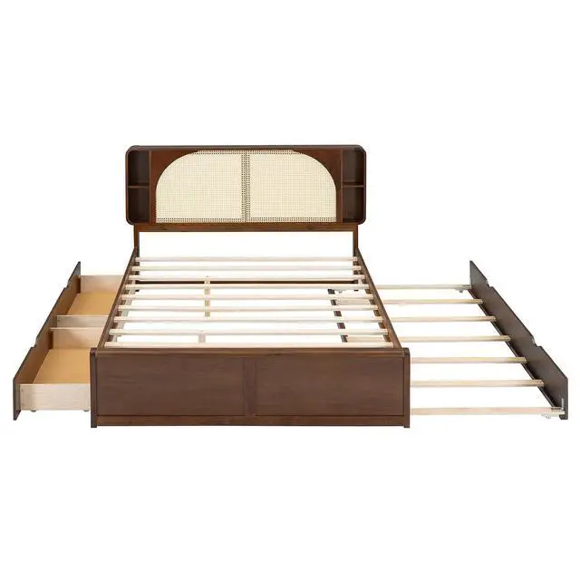 Alt view image 4 of 7 - Wooden Queen Bed Frame with 2 Storage Drawers and Twin Trundle, Wood Platform Bed with Rattan Headboard and Storage Shelves, No Box Spring Needed, Noise Free, White