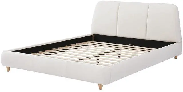 Alt view image 5 of 7 - Linen Upholstered Bed Frame Queen Size, Soft Platform Double Bed Frame with Tufted Headboard, Solid Wood Legs, Noise-Free, Cushioned Bedroom Furniture, White