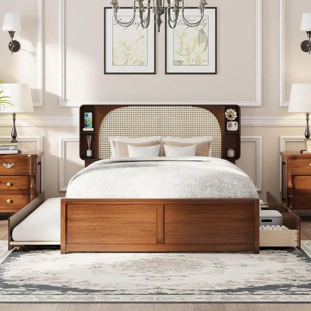 Alt view image 3 of 7 - Wooden Queen Bed Frame with 2 Storage Drawers and Twin Trundle, Wood Platform Bed with Rattan Headboard and Storage Shelves, No Box Spring Needed, Noise Free, White