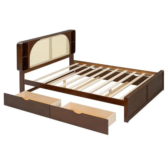 Alt view image 6 of 7 - Wooden Queen Bed Frame with 2 Storage Drawers and Twin Trundle, Wood Platform Bed with Rattan Headboard and Storage Shelves, No Box Spring Needed, Noise Free, White