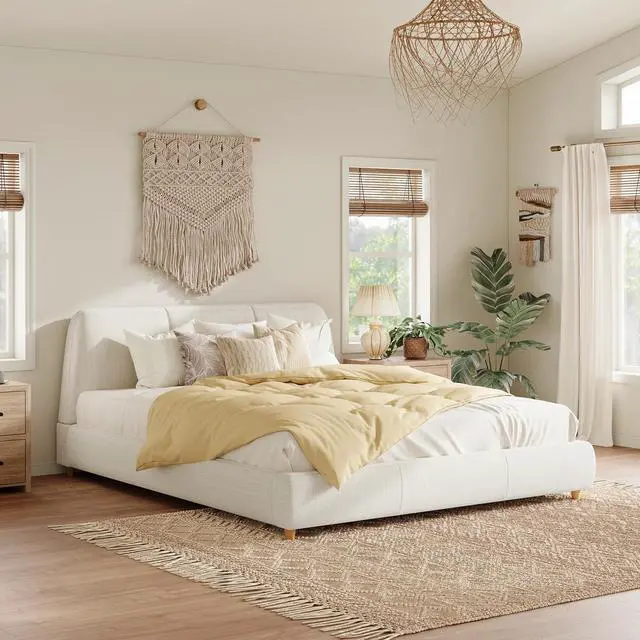 Alt view image 3 of 7 - Linen Upholstered Bed Frame Queen Size, Soft Platform Double Bed Frame with Tufted Headboard, Solid Wood Legs, Noise-Free, Cushioned Bedroom Furniture, White