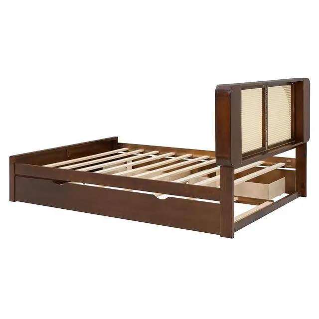 Alt view image 7 of 7 - Wooden Queen Bed Frame with 2 Storage Drawers and Twin Trundle, Wood Platform Bed with Rattan Headboard and Storage Shelves, No Box Spring Needed, Noise Free, White
