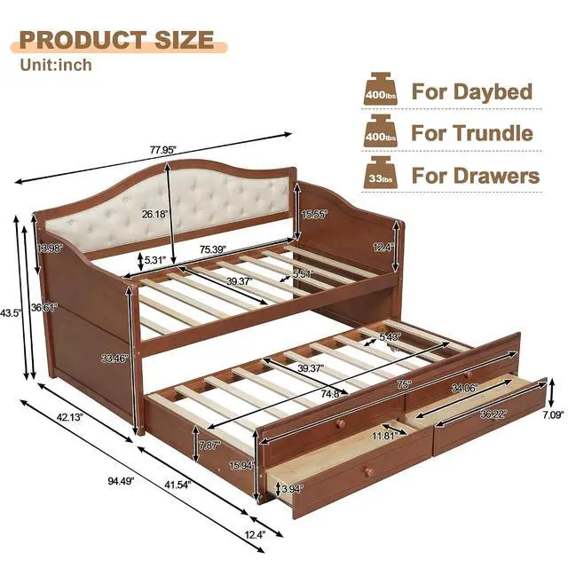 Alt view image 2 of 7 - Twin Wood Daybed with Trundle, Captains Bed with 2 Storage Drawers,Twin Bed with Storage Underneath, Sofa Bed with Button Tufted Backrest for Living Room, Bedroom, Guest Room, Walnut