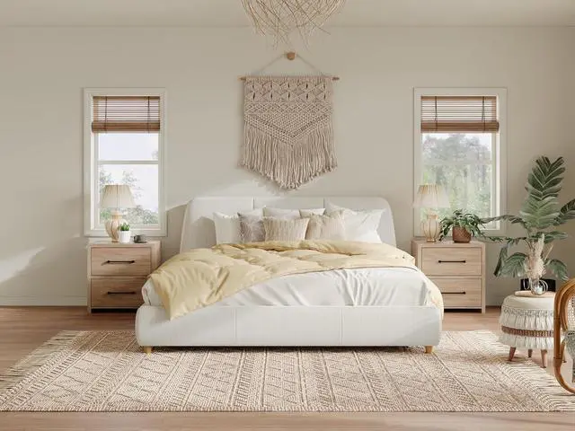 Alt view image 7 of 7 - Linen Upholstered Bed Frame Queen Size, Soft Platform Double Bed Frame with Tufted Headboard, Solid Wood Legs, Noise-Free, Cushioned Bedroom Furniture, White