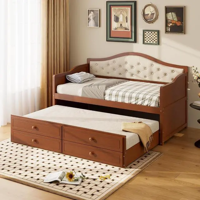 Alt view image 3 of 7 - Twin Wood Daybed with Trundle, Captains Bed with 2 Storage Drawers,Twin Bed with Storage Underneath, Sofa Bed with Button Tufted Backrest for Living Room, Bedroom, Guest Room, Walnut