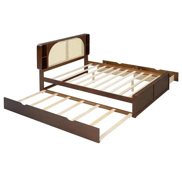 Alt view image 5 of 7 - Wooden Queen Bed Frame with 2 Storage Drawers and Twin Trundle, Wood Platform Bed with Rattan Headboard and Storage Shelves, No Box Spring Needed, Noise Free, White