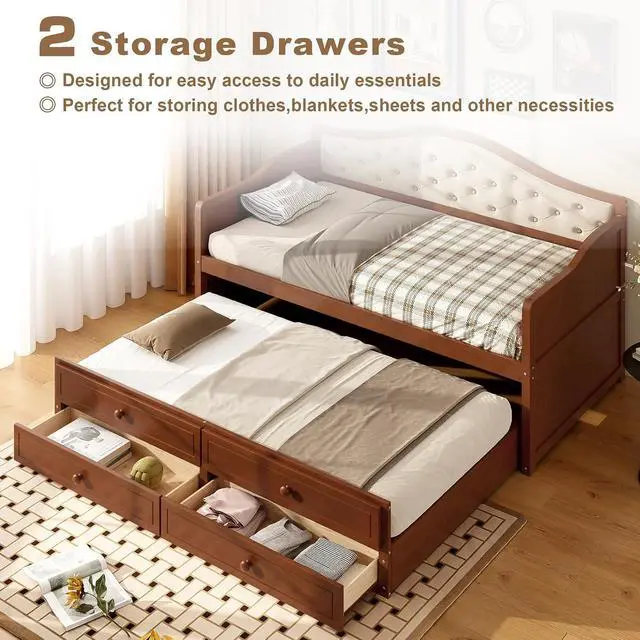Alt view image 4 of 7 - Twin Wood Daybed with Trundle, Captains Bed with 2 Storage Drawers,Twin Bed with Storage Underneath, Sofa Bed with Button Tufted Backrest for Living Room, Bedroom, Guest Room, Walnut
