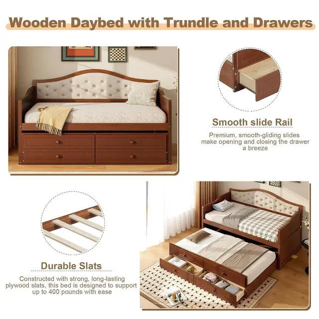 Alt view image 5 of 7 - Twin Wood Daybed with Trundle, Captains Bed with 2 Storage Drawers,Twin Bed with Storage Underneath, Sofa Bed with Button Tufted Backrest for Living Room, Bedroom, Guest Room, Walnut
