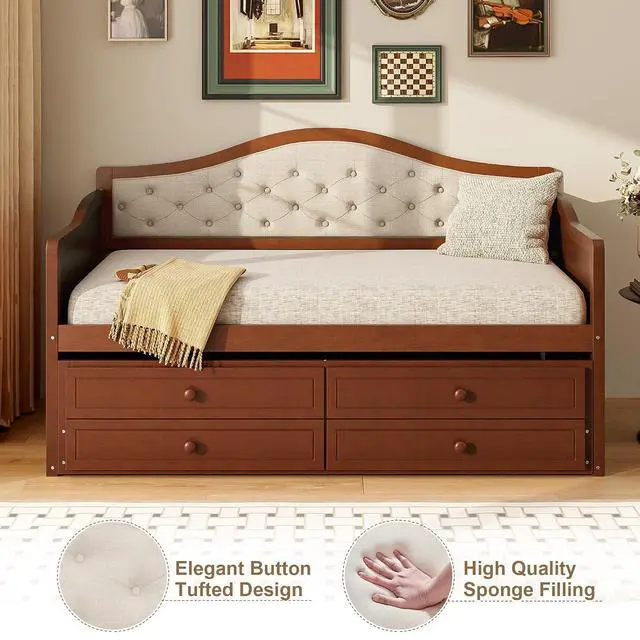 Alt view image 6 of 7 - Twin Wood Daybed with Trundle, Captains Bed with 2 Storage Drawers,Twin Bed with Storage Underneath, Sofa Bed with Button Tufted Backrest for Living Room, Bedroom, Guest Room, Walnut