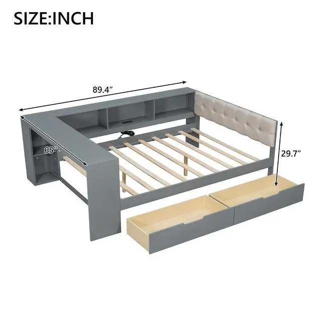 Alt view image 2 of 7 - Full Size Wood Daybed with Desk, Day Bed with Storage Drawers, L Shaped Platform Bookcase Bed Frame with Charging Station and Upholstered Headboard, for Adults and Kids Bedroom, Gray