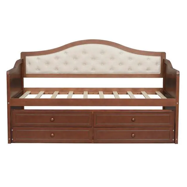 Alt view image 7 of 7 - Twin Wood Daybed with Trundle, Captains Bed with 2 Storage Drawers,Twin Bed with Storage Underneath, Sofa Bed with Button Tufted Backrest for Living Room, Bedroom, Guest Room, Walnut