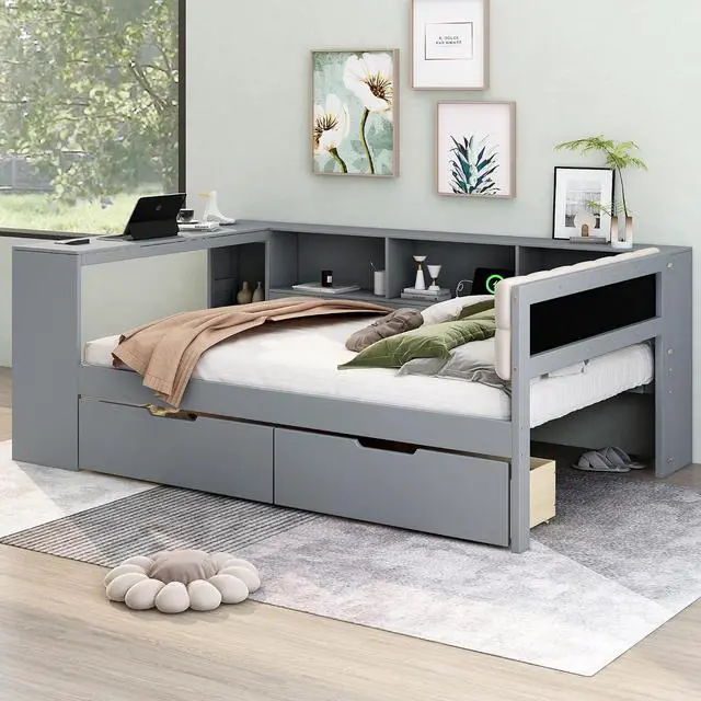 Alt view image 3 of 7 - Full Size Wood Daybed with Desk, Day Bed with Storage Drawers, L Shaped Platform Bookcase Bed Frame with Charging Station and Upholstered Headboard, for Adults and Kids Bedroom, Gray